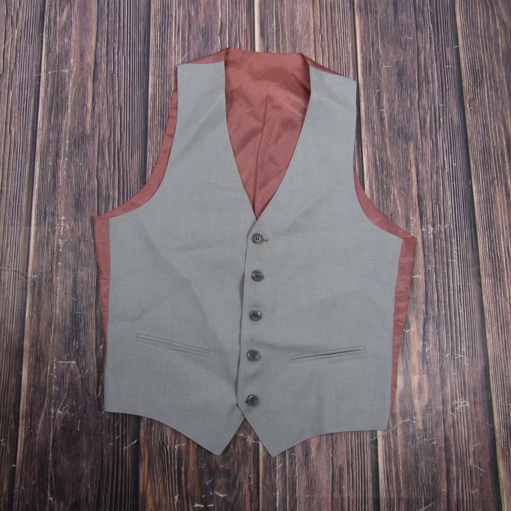 Suit Vest Mens M Gray 3 Piece Polyester Belted Elastic Waist Formal Business